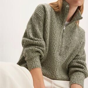 OFFLINE Aerie Chillside Quarter Zip Sweater Olive‎ Green Cozy Oversized Large